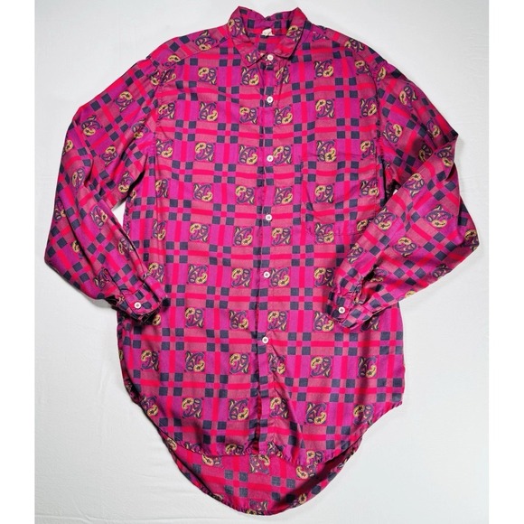 Vintage Factice Blouse Small Purple/Pink Checkered Theater Mask Print Artsy Top - Picture 1 of 9
